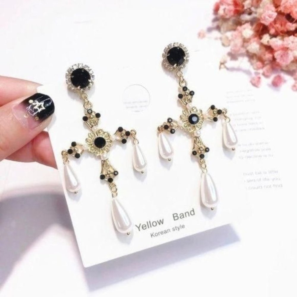 BOHO Victorian Vintage Style  White Pearls Black Crystal Chandelier Earrings